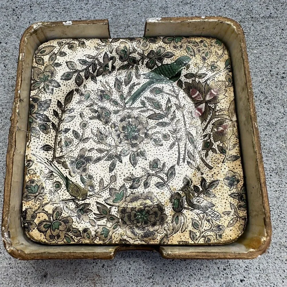Vtg MCM Alcohol Proof Japan Coaster Set of 8 Floral Birds Paper Mache Barware‎